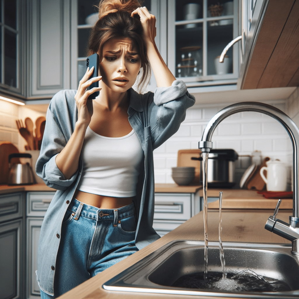 DALL·E 2023 11 10 14.44.17 A woman in a modern kitchen looking stressed out while calling a plumber on her smartphone. Shes wearing casual home attire her hair is in a messy b